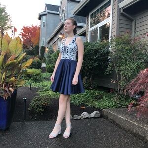 Blondie Nites Navy Blue and White Lace Fit-and-Flare Dress